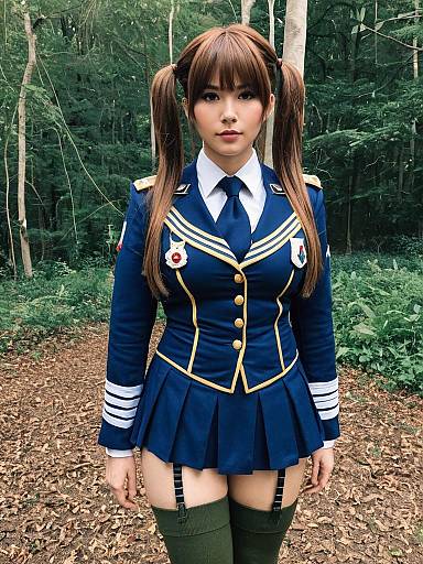 Woman in Blue Military-Style Uniform Cosplay with Twin Ponytails in Forest