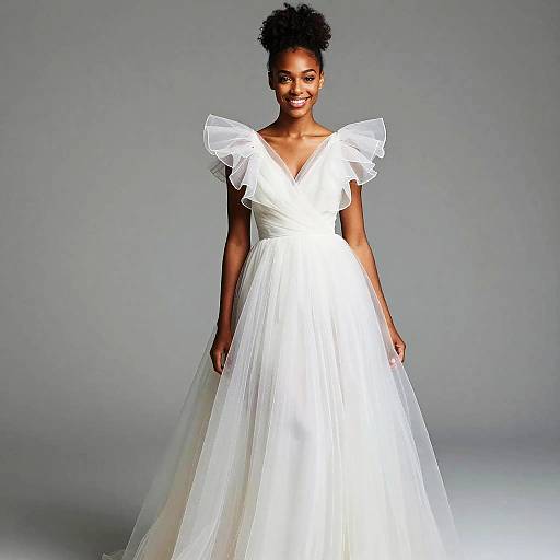Elegant White Bridal Gown with Sheer Ruffled Sleeves Modeled by Young Woman