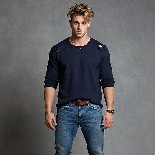 Stylish Young Man in Distressed Navy Sweater and Jeans