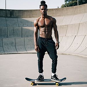 Muscular Man Skateboarding in Skatepark