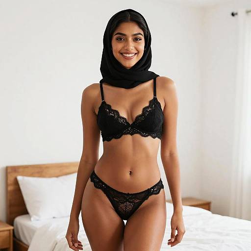 Young Woman Wearing Black Lace Lingerie and Headscarf in Minimalist Bedroom