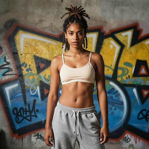 Confident Young Woman in Street Style Athletic Wear with Graffiti Background