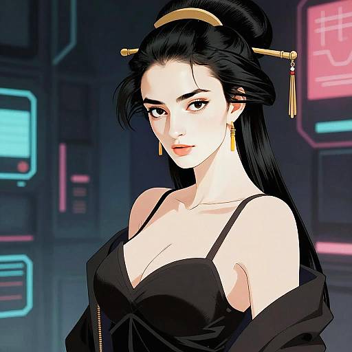 Stylish Cyberpunk Woman with Traditional Hair Accessories Digital Art