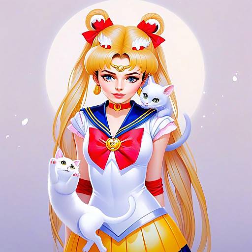 Sailor Moon Anime Woman with White Cats Digital Illustration