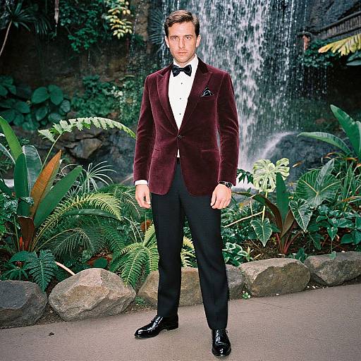 Man in Burgundy Velvet Tuxedo Jacket Standing in Tropical Garden with Waterfall