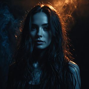 Moody Cinematic Portrait of Woman with Wet Hair and Contrasting Blue Orange Light