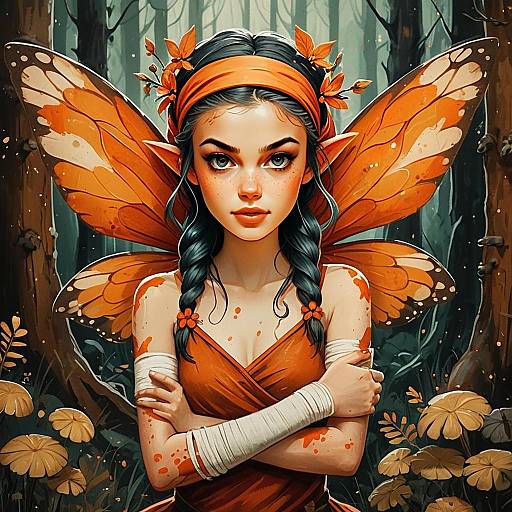 Fantasy Fairy Woman with Orange Butterfly Wings in Dark Forest Digital Art