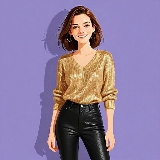 Stylish Woman Wearing Gold Sweater and Black Leather Pants Smiling