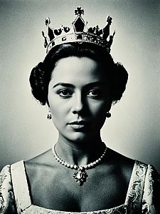 Regal Woman Portrait with Crown and Pearl Necklace
