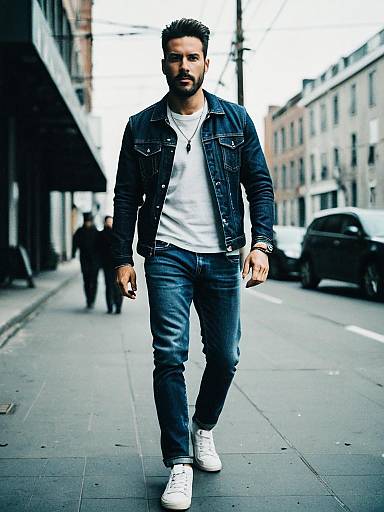 Man in Stylish Denim Jeans Outfit Walking on Urban Street - Cinematic Realism Lifestyle Editorial