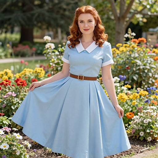 Red-Haired Woman in Vintage Blue Dress Posing in Blooming Garden