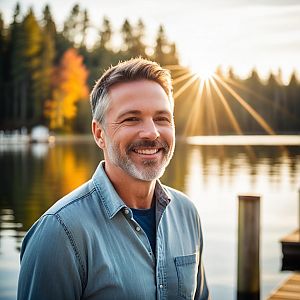Middle-aged man smiling on wooden dock by serene lake at sunset