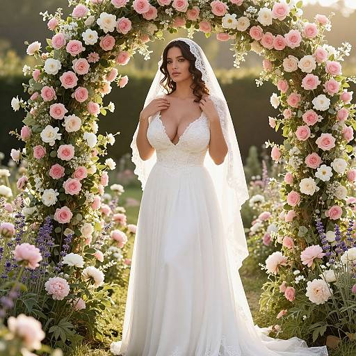 Elegant Bride in White Lace Wedding Dress Under Floral Arch