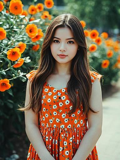 Young Woman in Orange Floral Dress with Flowers Outdoor Portrait