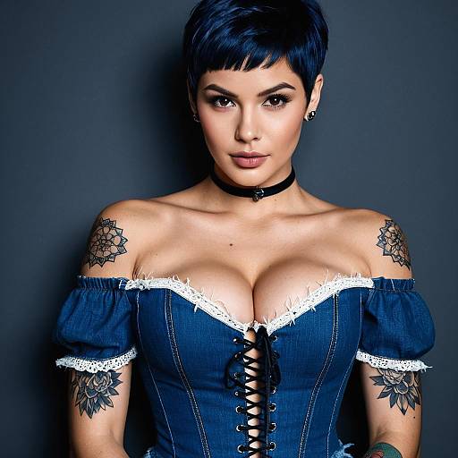 Confident Woman with Short Blue Hair Wearing Denim Corset and Tattoos