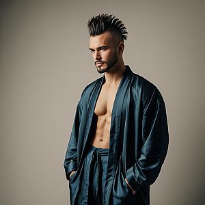 Stylish Man in Dark Blue Satin Robe with Mohawk