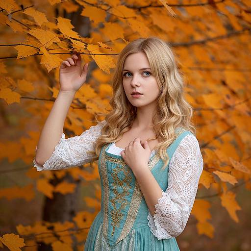 Blonde Woman in Vintage Dress Amid Autumn Leaves
