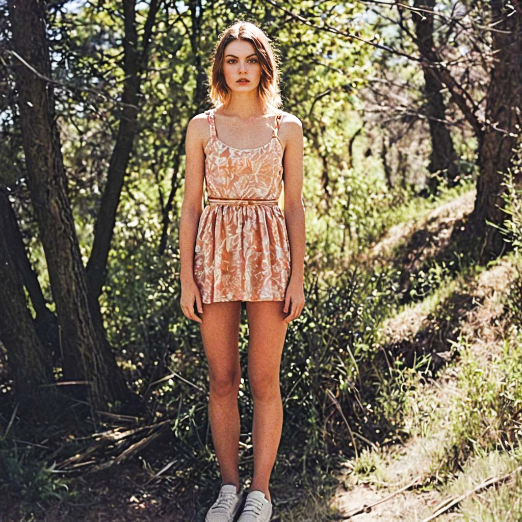 Young Woman in Floral Dress in Sunlit Forest