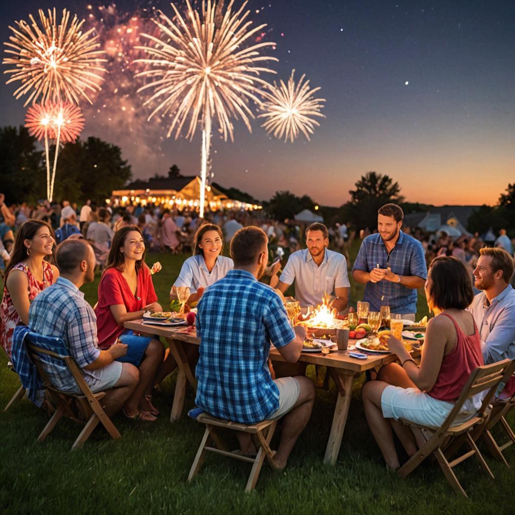 Friends Celebrating 4th of July with Dinner and Fireworks