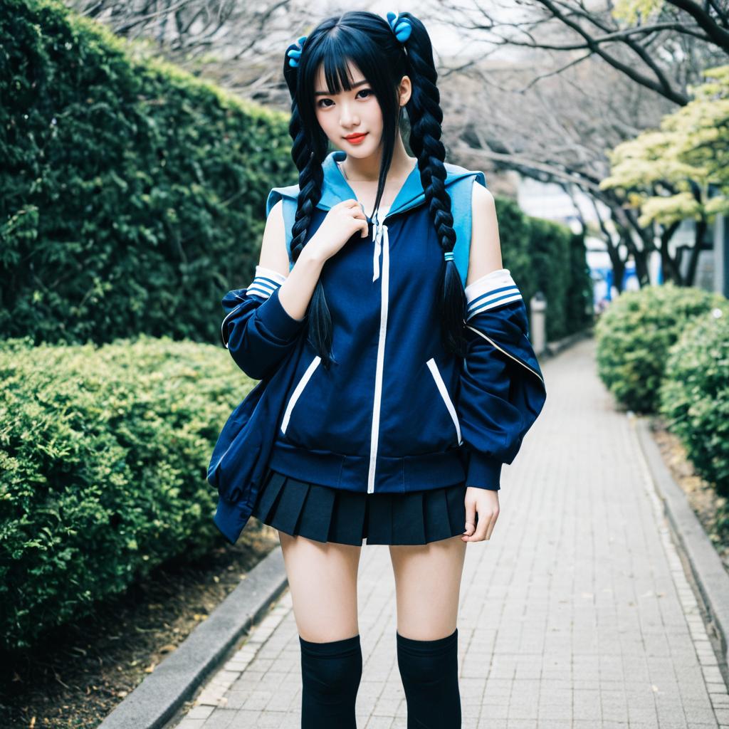 Young Woman in Navy Sailor School Uniform with Braided Hair Outdoors