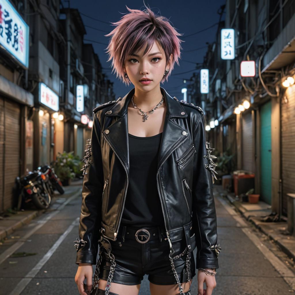 Confident woman in urban alley with pink spiky hair