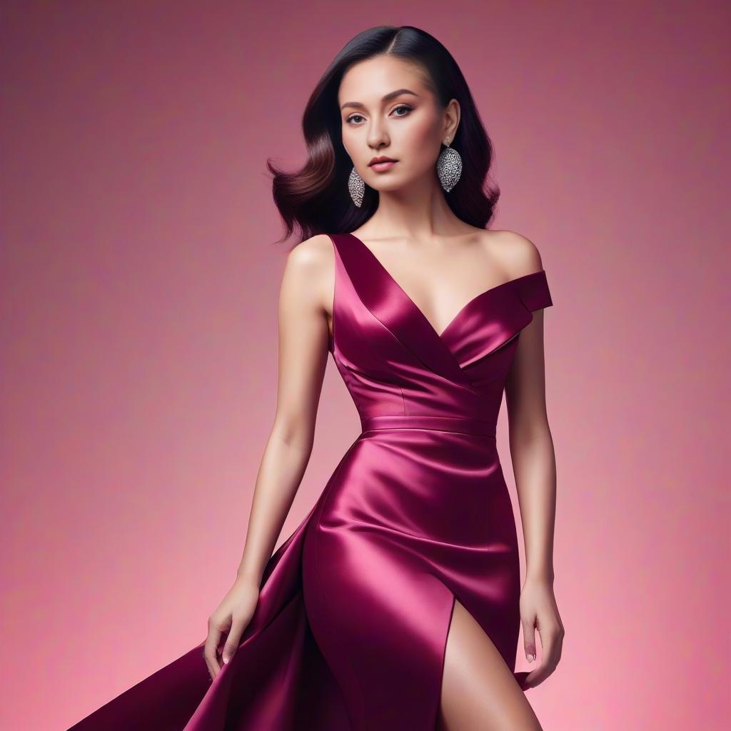 Elegant Woman in Magenta Satin Gown