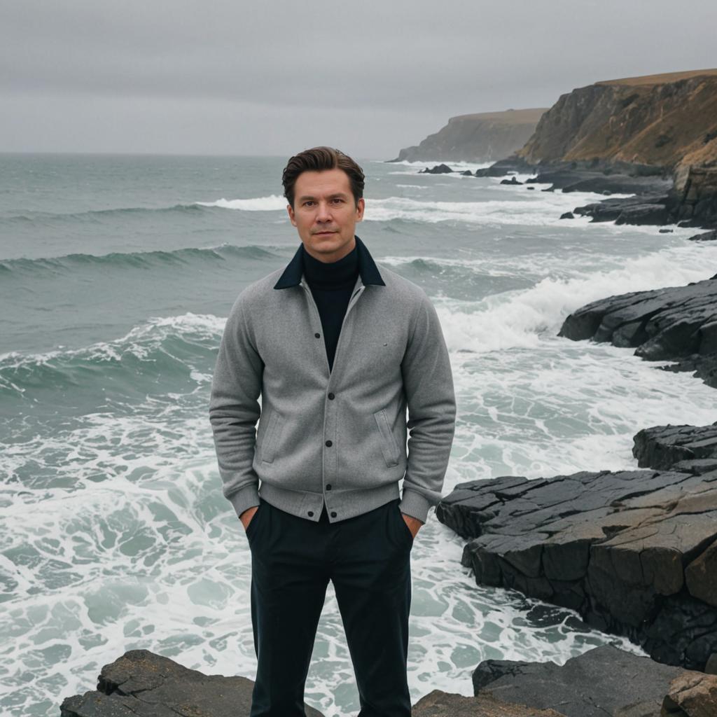 Confident Man on Rocky Coastline with Crashing Waves