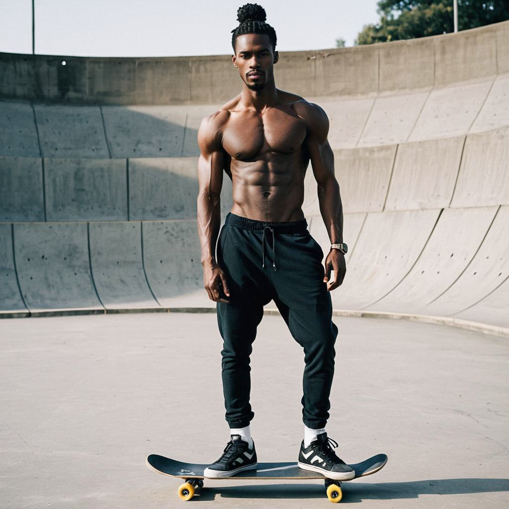 Muscular Man Skateboarding in Skatepark