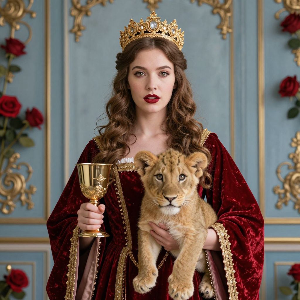 Regal Woman in Red Velvet Gown Holding Lion Cub and Golden Chalice