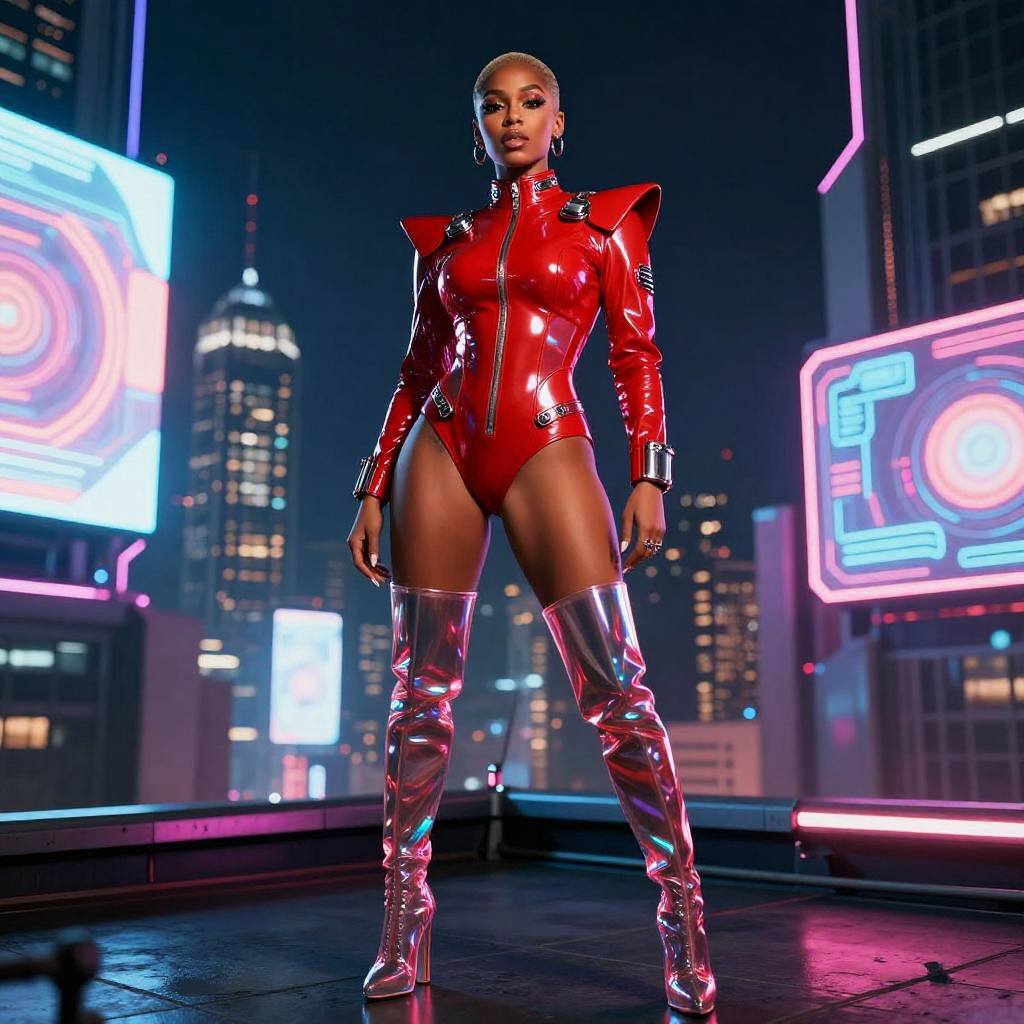 Futuristic Woman in Red Latex Bodysuit and Holographic Boots in Cyberpunk Cityscape