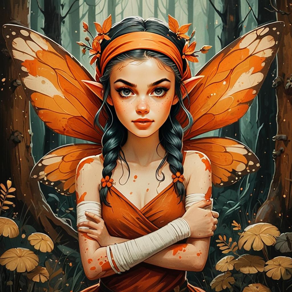 Fantasy Fairy Woman with Orange Butterfly Wings in Dark Forest Digital Art