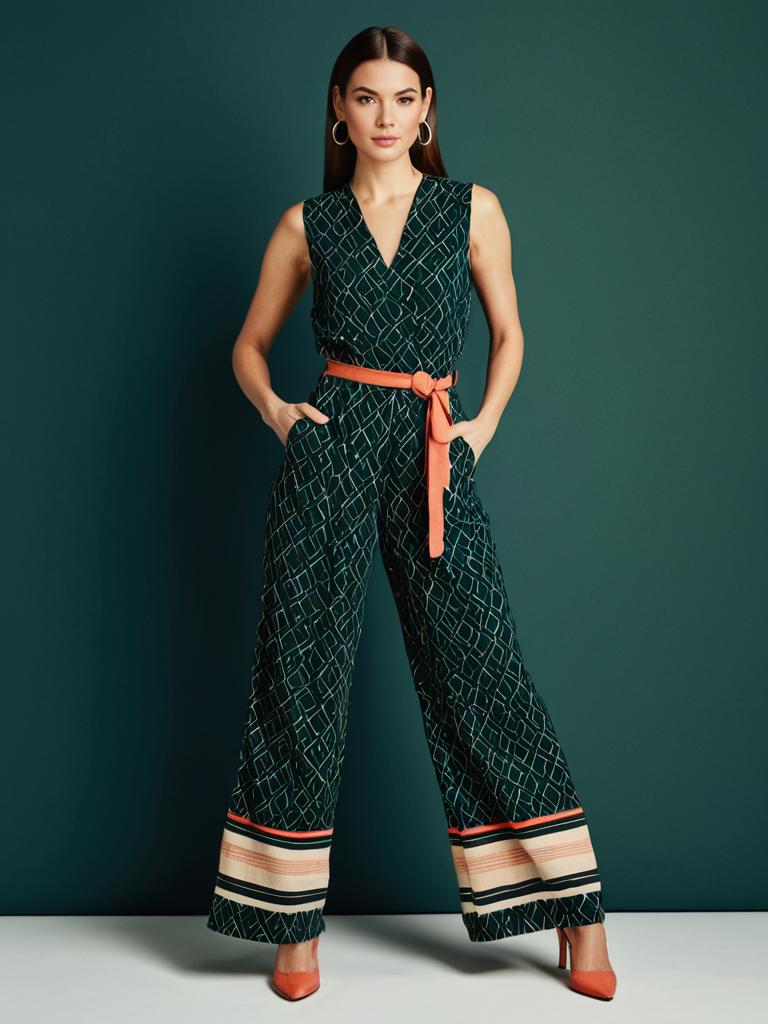 Stylish Woman in Dark Green Geometric Pattern Jumpsuit with Orange Belt