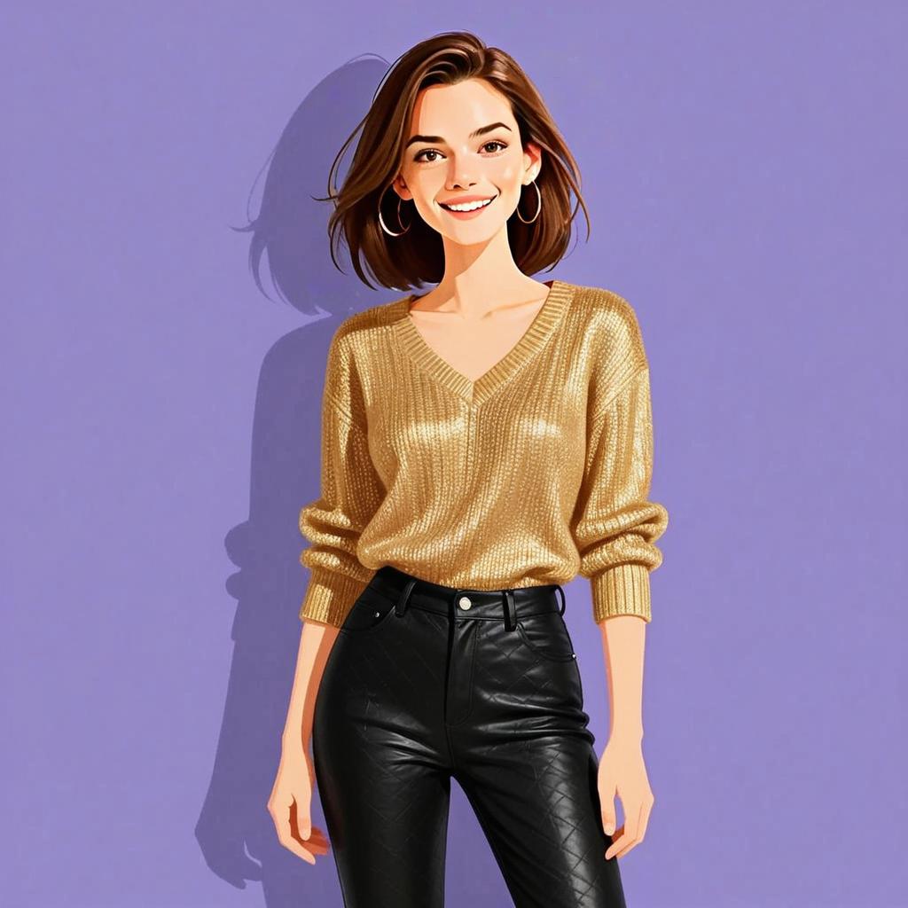 Stylish Woman Wearing Gold Sweater and Black Leather Pants Smiling