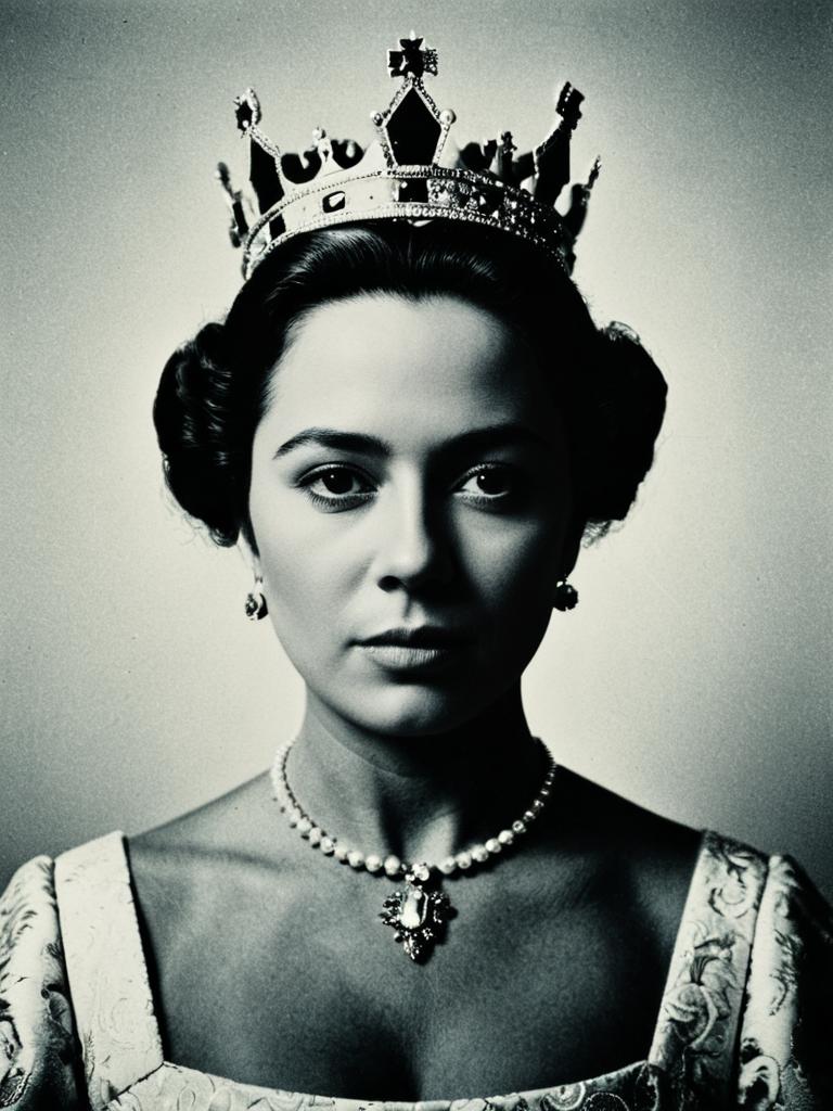Regal Woman Portrait with Crown and Pearl Necklace