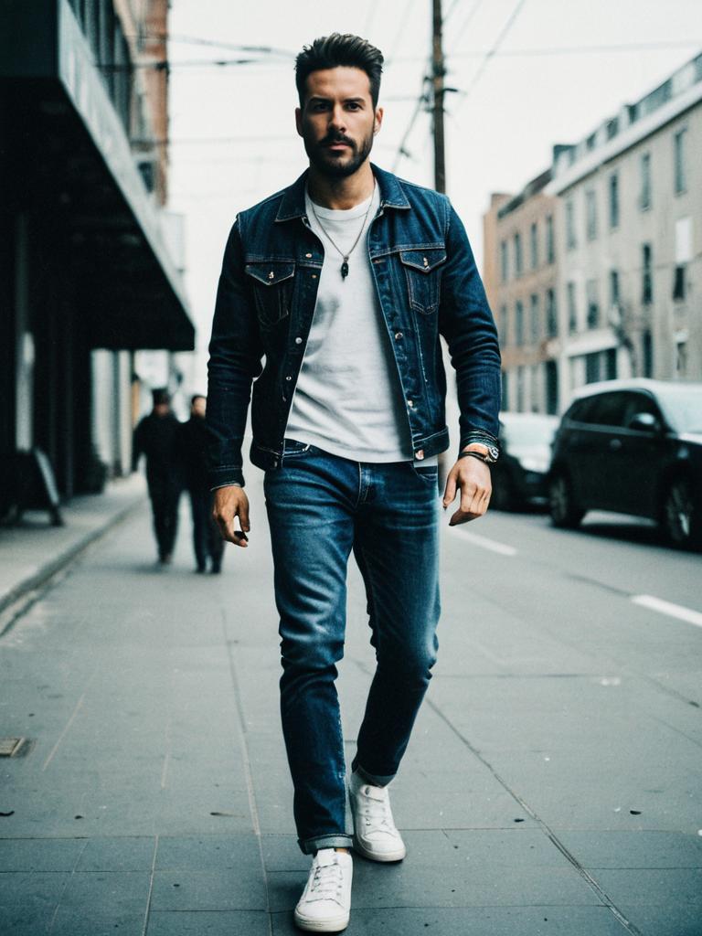 Man in Stylish Denim Jeans Outfit Walking on Urban Street - Cinematic Realism Lifestyle Editorial