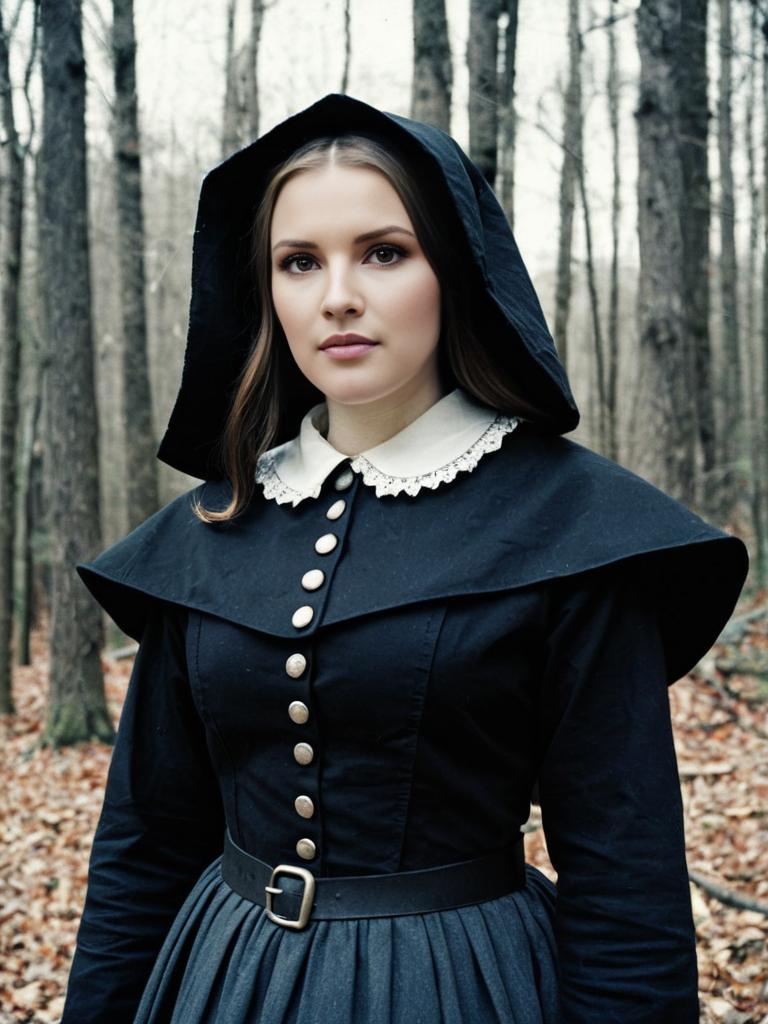Portrait of Woman in Puritan Style Dress with Hooded Cape in Forest