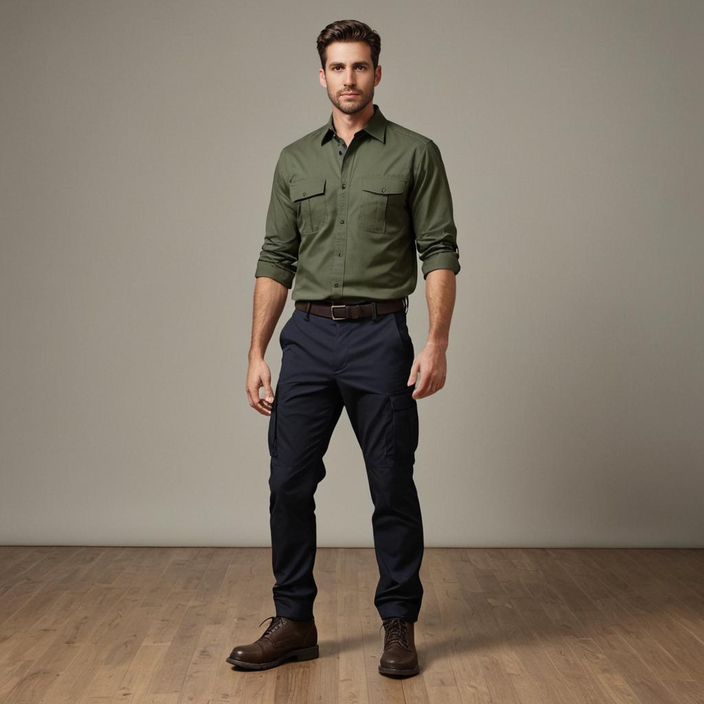 Confident Man in Dark Green Shirt and Navy Pants