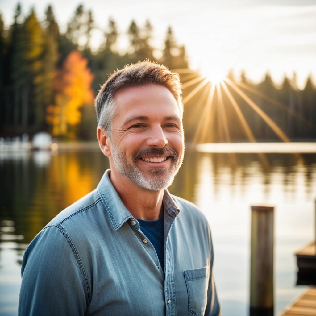 Middle-aged man smiling on wooden dock by serene lake at sunset