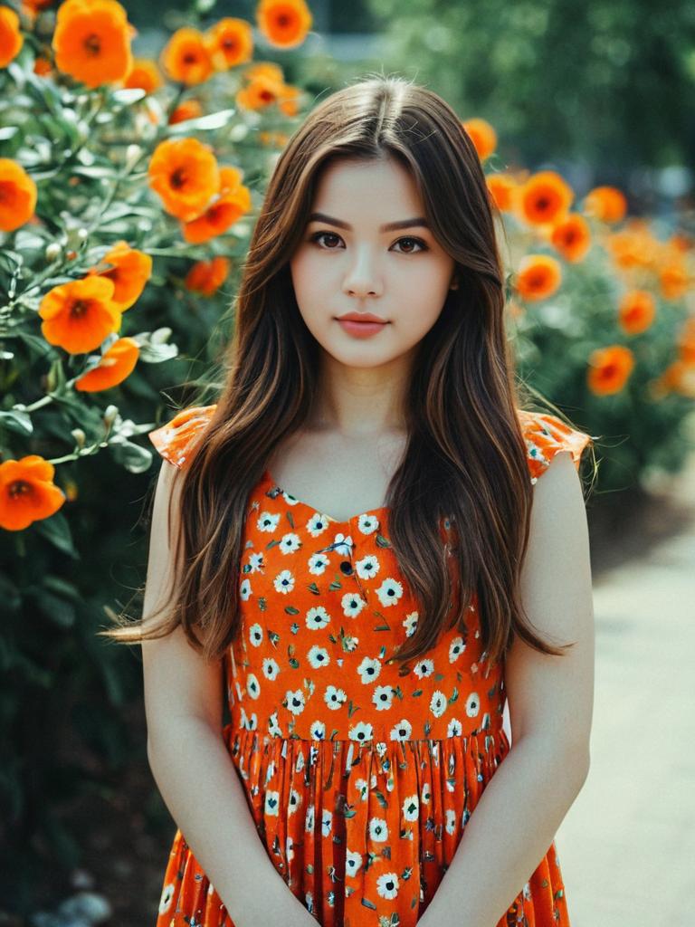 Young Woman in Orange Floral Dress with Flowers Outdoor Portrait