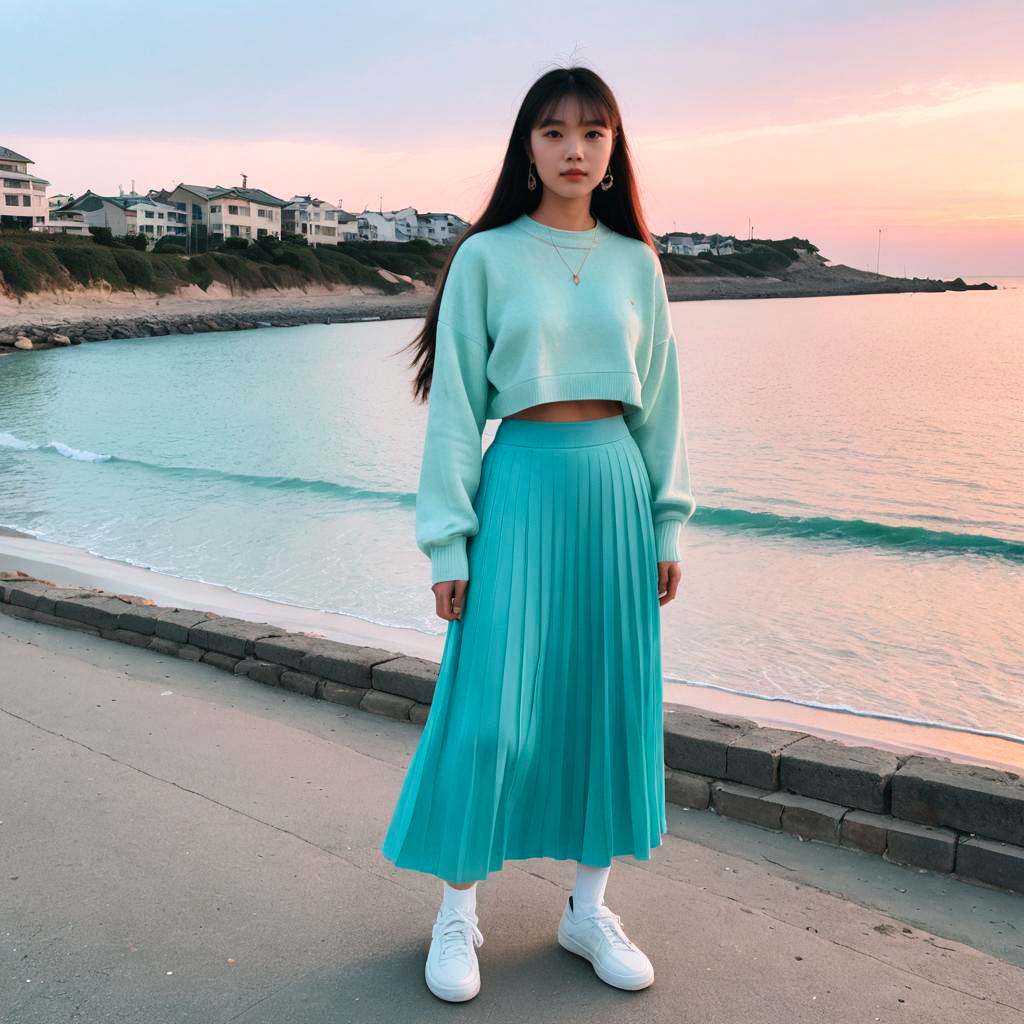 Stylish Woman by Ocean at Sunset