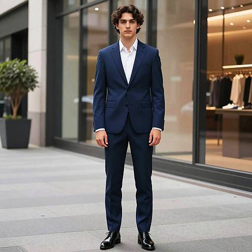 Young Man in Navy Blue Suit Standing in Urban Setting