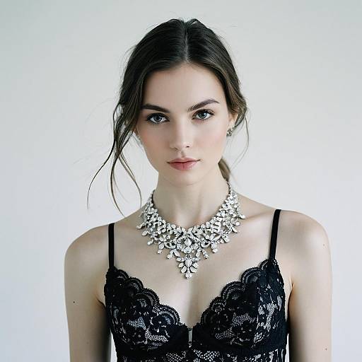 Elegant Woman in Black Lace Top with Statement Necklace Portrait