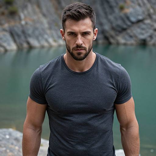 Athletic Man in Dark Gray T-Shirt Standing by Rocky Lake