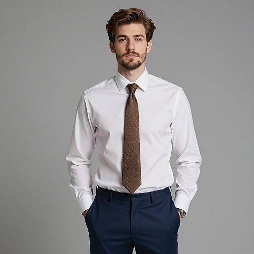 Professional Young Man in White Shirt Brown Tie and Navy Pants