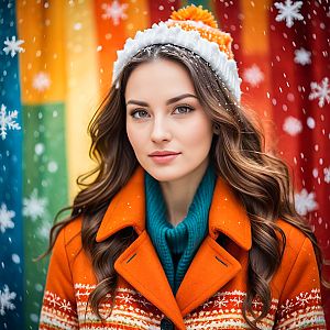 Young Woman in Orange Coat Against Rainbow Background