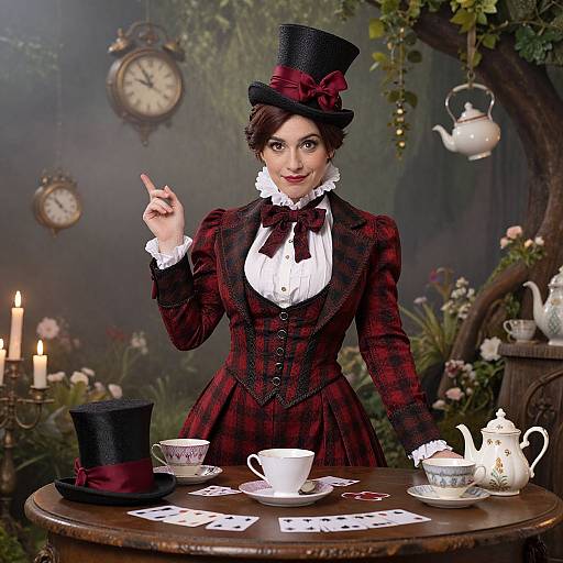 Victorian Woman at Magical Tea Party with Playing Cards and Clocks