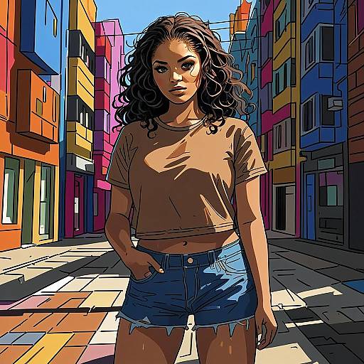 Young Woman in Vibrant Urban Street Digital Illustration