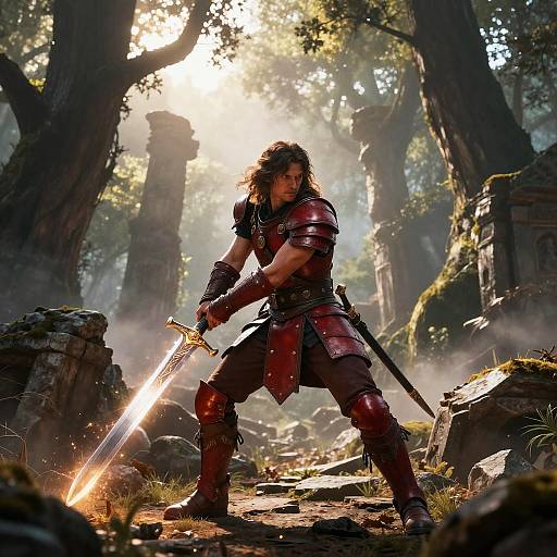 Fantasy Warrior in Red Armor with Glowing Sword in Ancient Forest Ruins