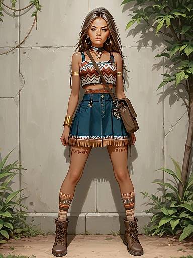 Realistic Full Body Portrait of Woman in Bohemian Patterned Tank Top and Skirt