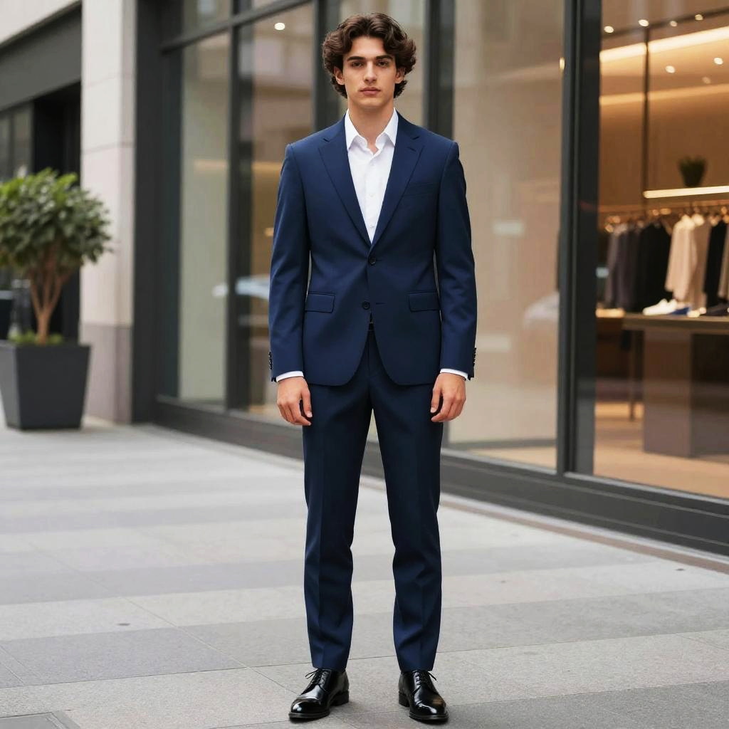 Young Man in Navy Blue Suit Standing in Urban Setting